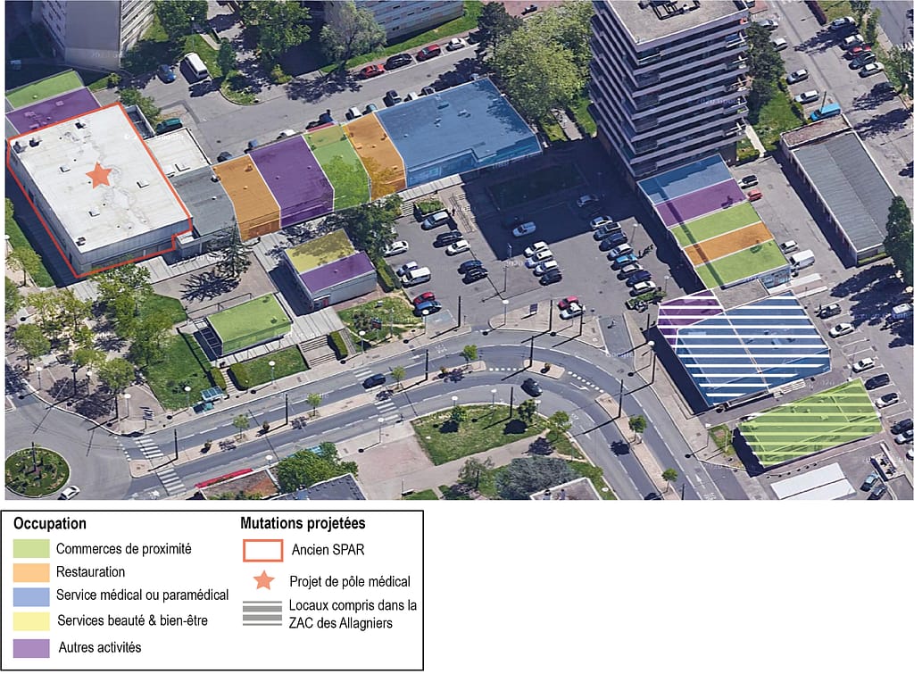 L'image montre un plan du nouveau centre ville pour Rillieux avec en surlignage en couleur des activités diverses (commerces de proximité, restauration, service médical ou paramédical, services beauté/bien être, autres activitésà
