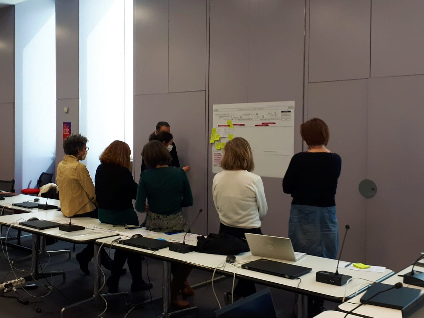 L'image montre 6 personnes devant un tableau avec des posts it, de dos devant des tables, en train d'échanger et de réfléchir