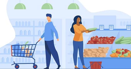 L'image montre un dessin de 2 personnes faisant leur courses au supermarché