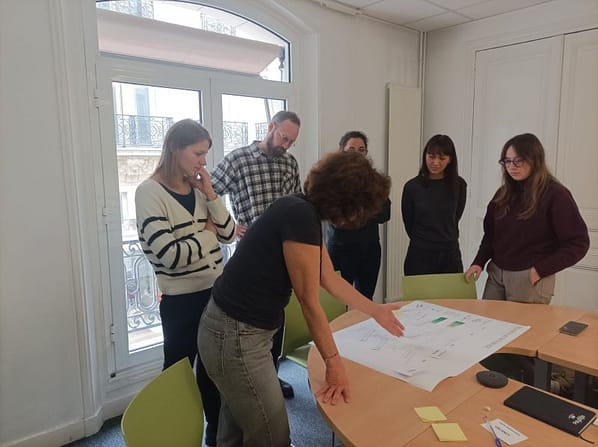 L'image montre 6 personnes dans un bureau autour d'une table, ils regardent un plan