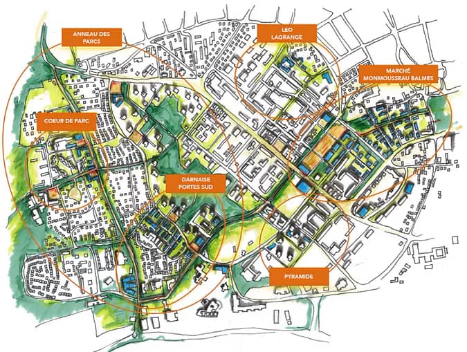 L'image montre un plan de la ville de Vénissieux avec les différents secteurs du NPNRU (étiquettes oranges sur fond de plan dessiné)