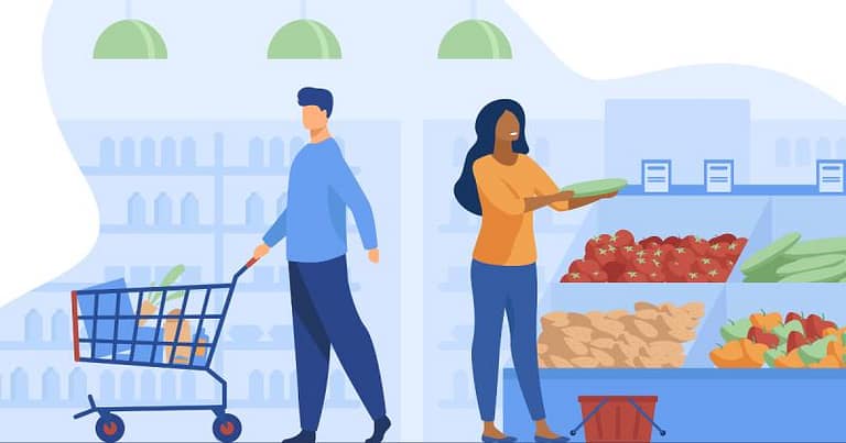 L'image montre un dessin de 2 personnes faisant leur courses au supermarché
