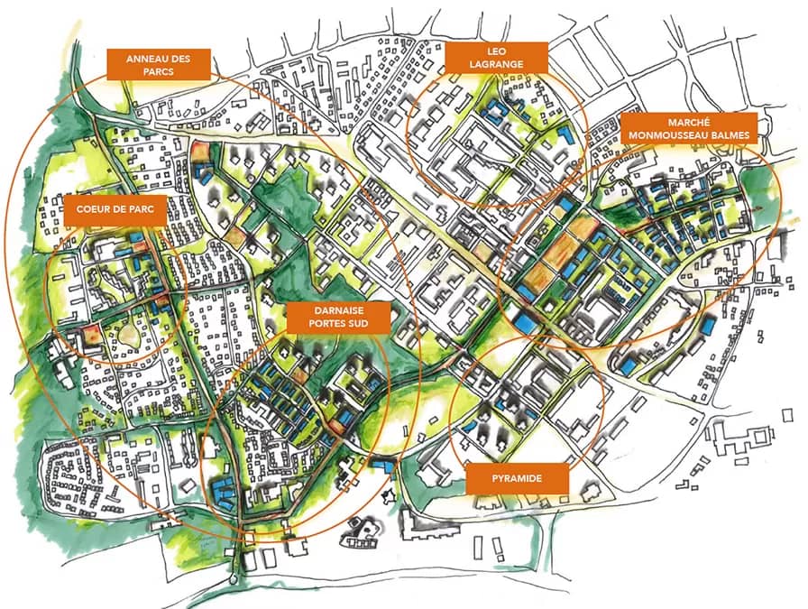 L'image montre un plan de la ville de Vénissieux avec les différents secteurs du NPNRU (étiquettes oranges sur fond de plan dessiné)