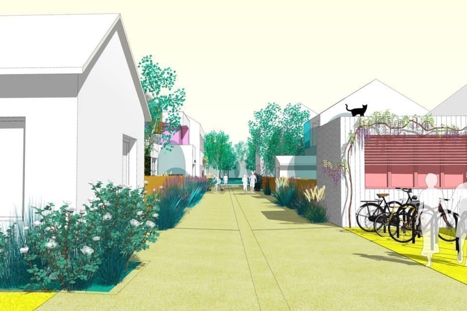 L'image montre un croquis d'une rue piétonneb ordée de maisons, avec des plantes et des vélos attachés